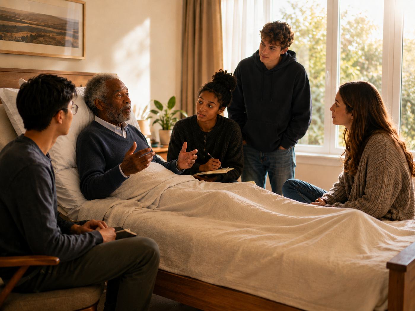 A bedbound person being respectfully engaged by family