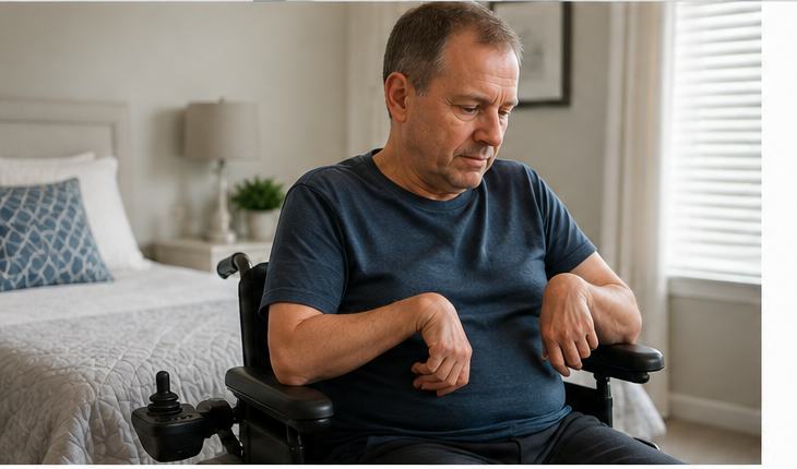 Adult man with arthrogryposis seated in a wheelchair, with both hands present and visible wrist and hand contractures.