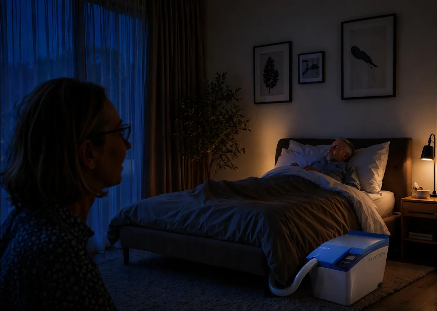 Carebidet beside a bed in a nighttime care setting