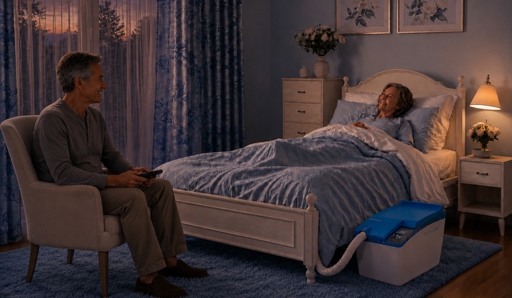 Family member beside a woman in bed while Carebidet supports daily in-bed toileting care.
