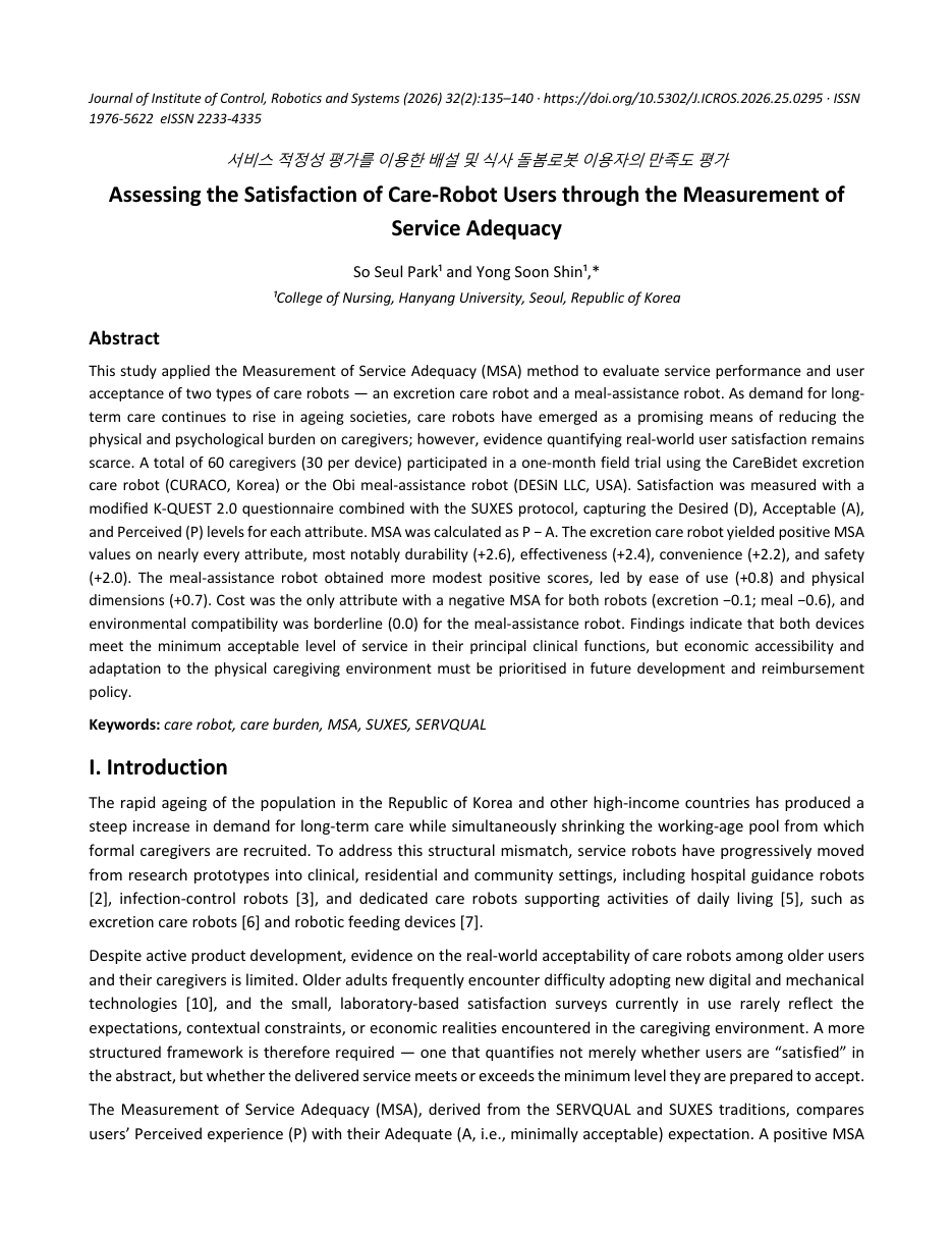 First page of Carebidet care-robot user satisfaction study