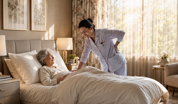 Professional caregiver assisting an older adult in bed during a home visit.
