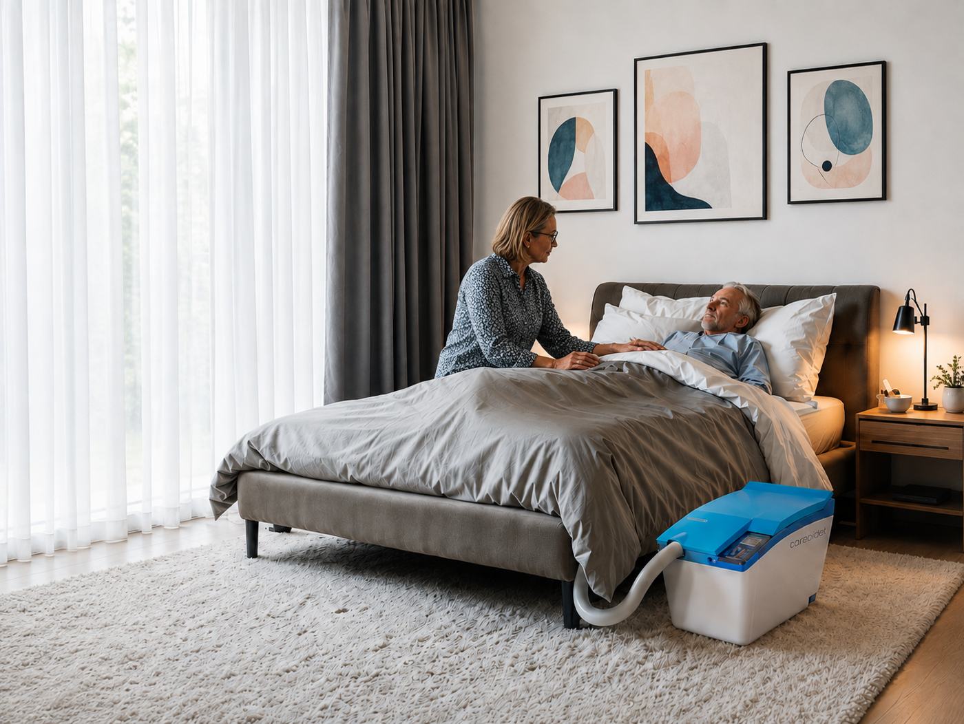 Older adult resting in bed with a family caregiver and Carebidet nearby