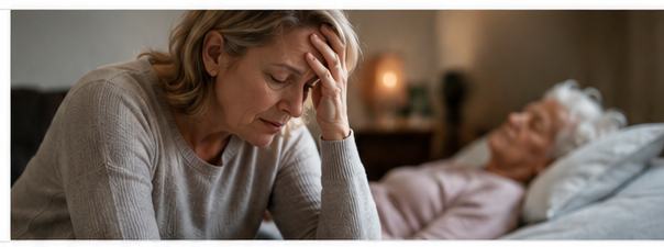 Older adult with advanced Alzheimer’s looking uncertain while a family caregiver tries to understand what she needs
