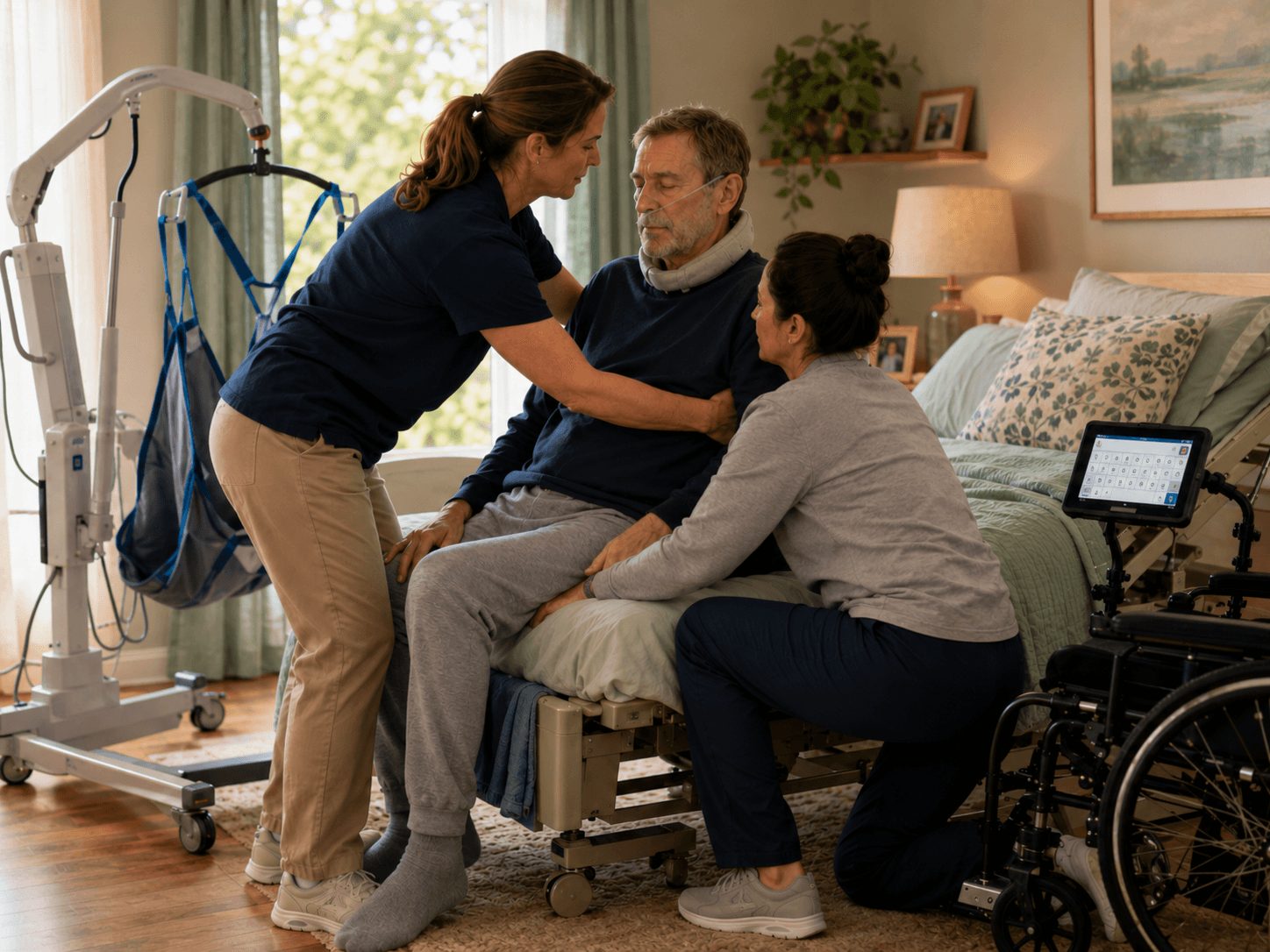 Two caregivers assisting a man during a transfer beside an adjustable bed.