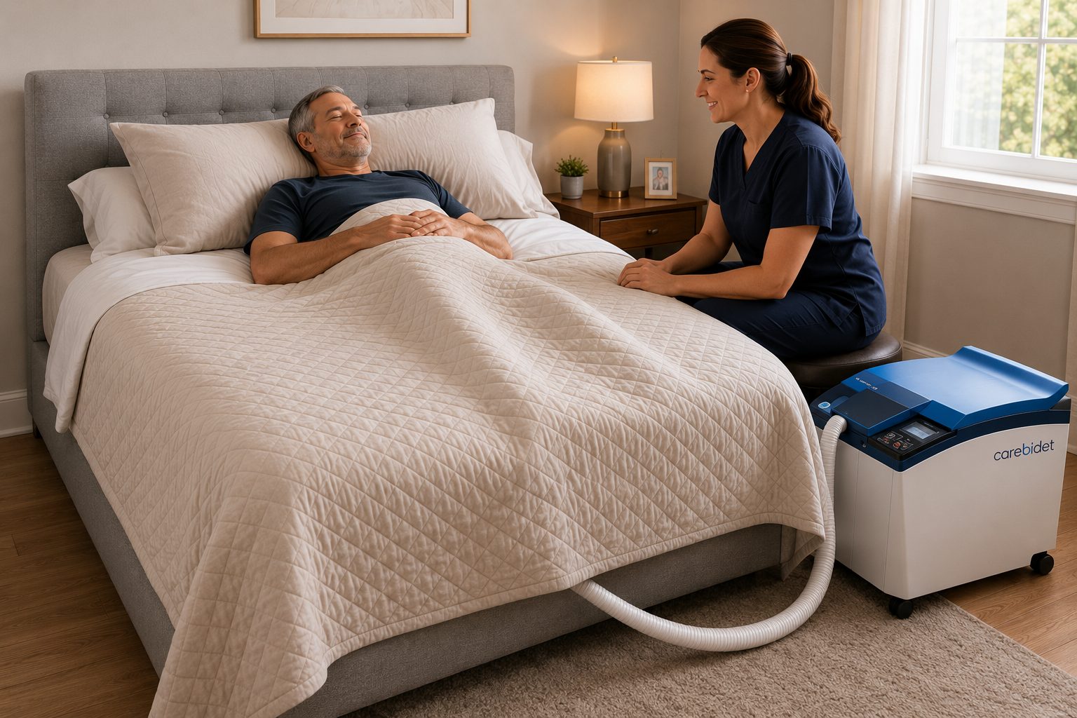Professional home caregiver beside a client resting in bed with Carebidet positioned near the foot of the bed and the hose routed under the blanket