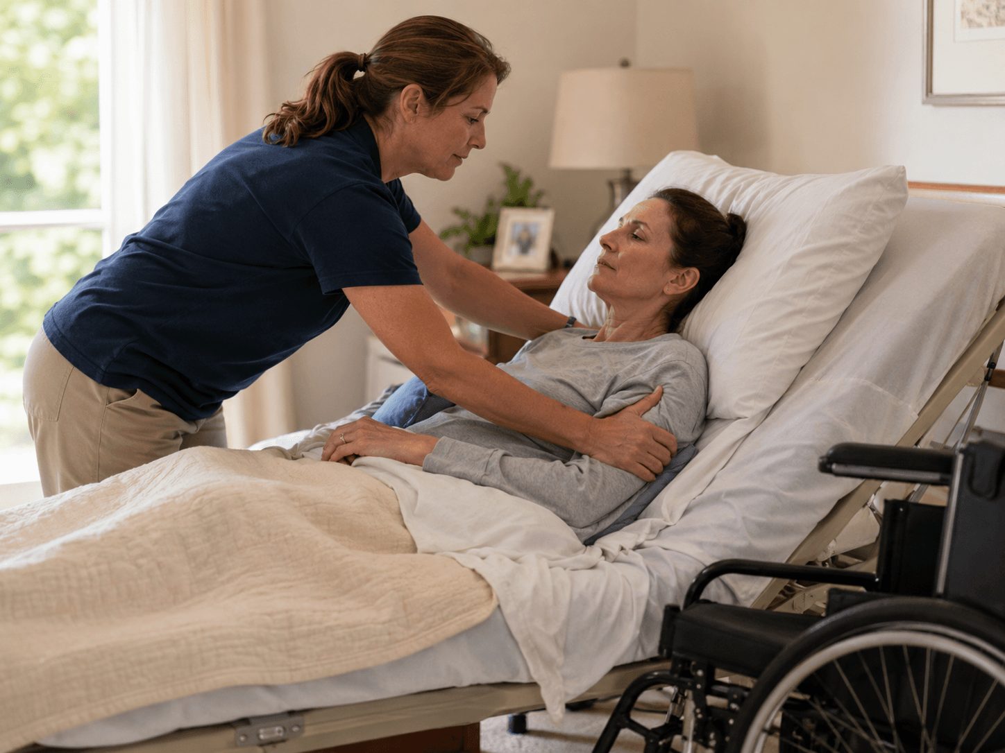 Caregiver helping reposition a woman in an adjustable bed.