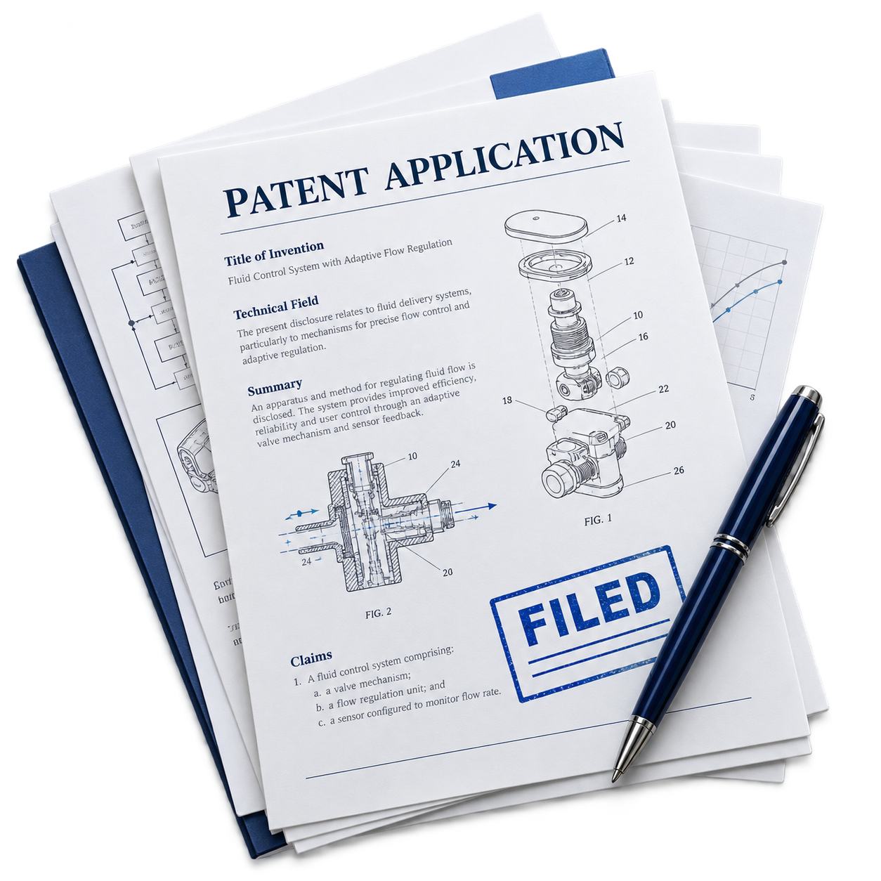 Patent application documents with technical drawings and a filed stamp